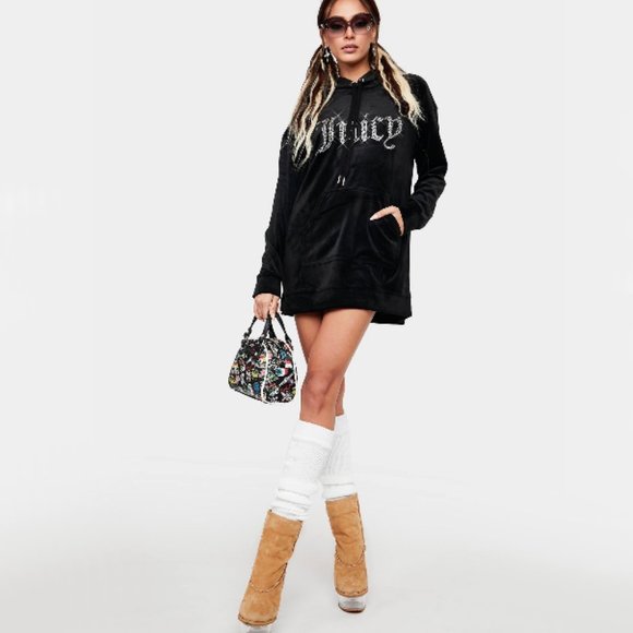 Juicy Couture Tops - NWT Juicy Couture black velour bejewelled hoodie sweatshirt dress